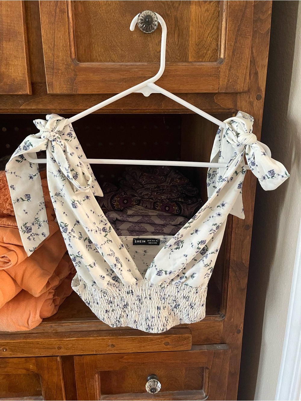 SHEIN White Floral Tie-Shoulder Smocked Crop Top
